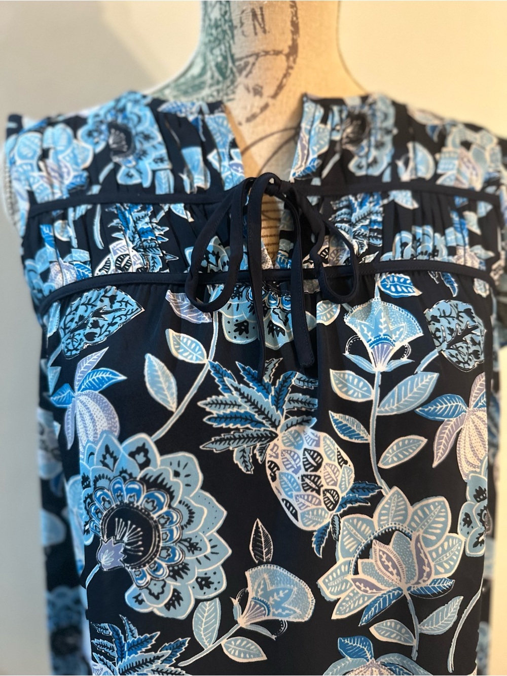 LOFT Navy Blue Floral Tie-Front Ruffle Sleeve Blouse